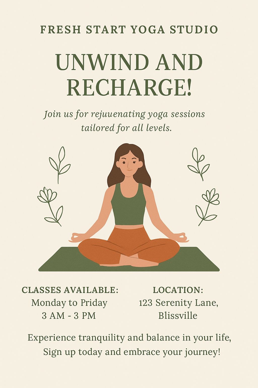 Fresh Start Yoga Studio Rejuvenating Classes Flyer