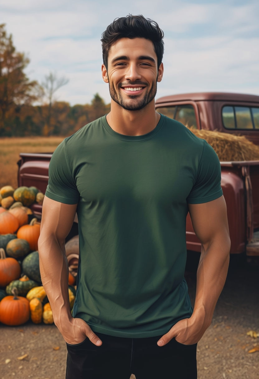 Cheerful Young Man in Forest Green T-Shirt Mockup