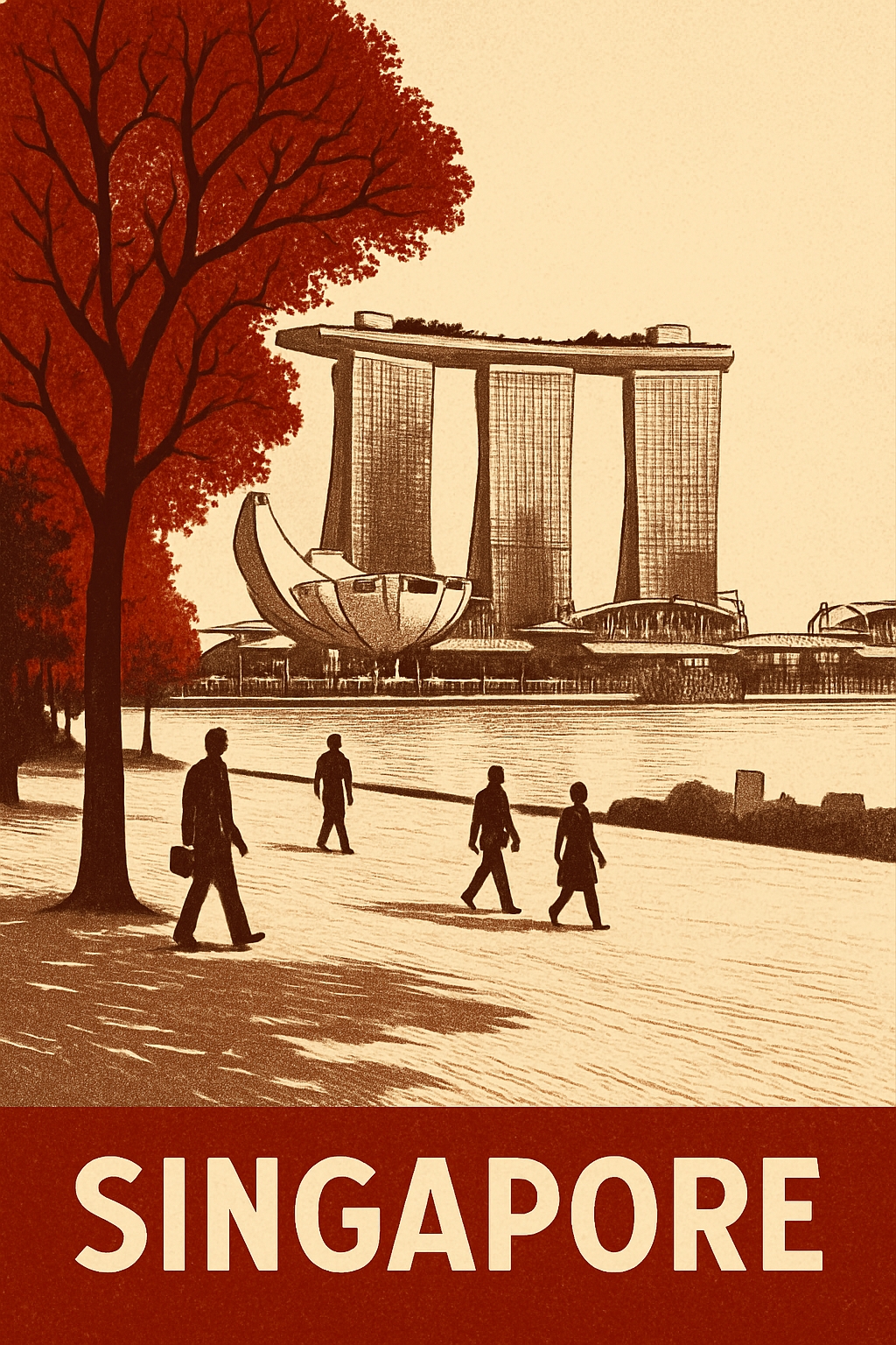 Vintage Illustration of Singapore with Marina Bay Sands Poster
