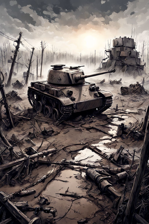 World War II battlefield enveloped in the early morning mist by ...