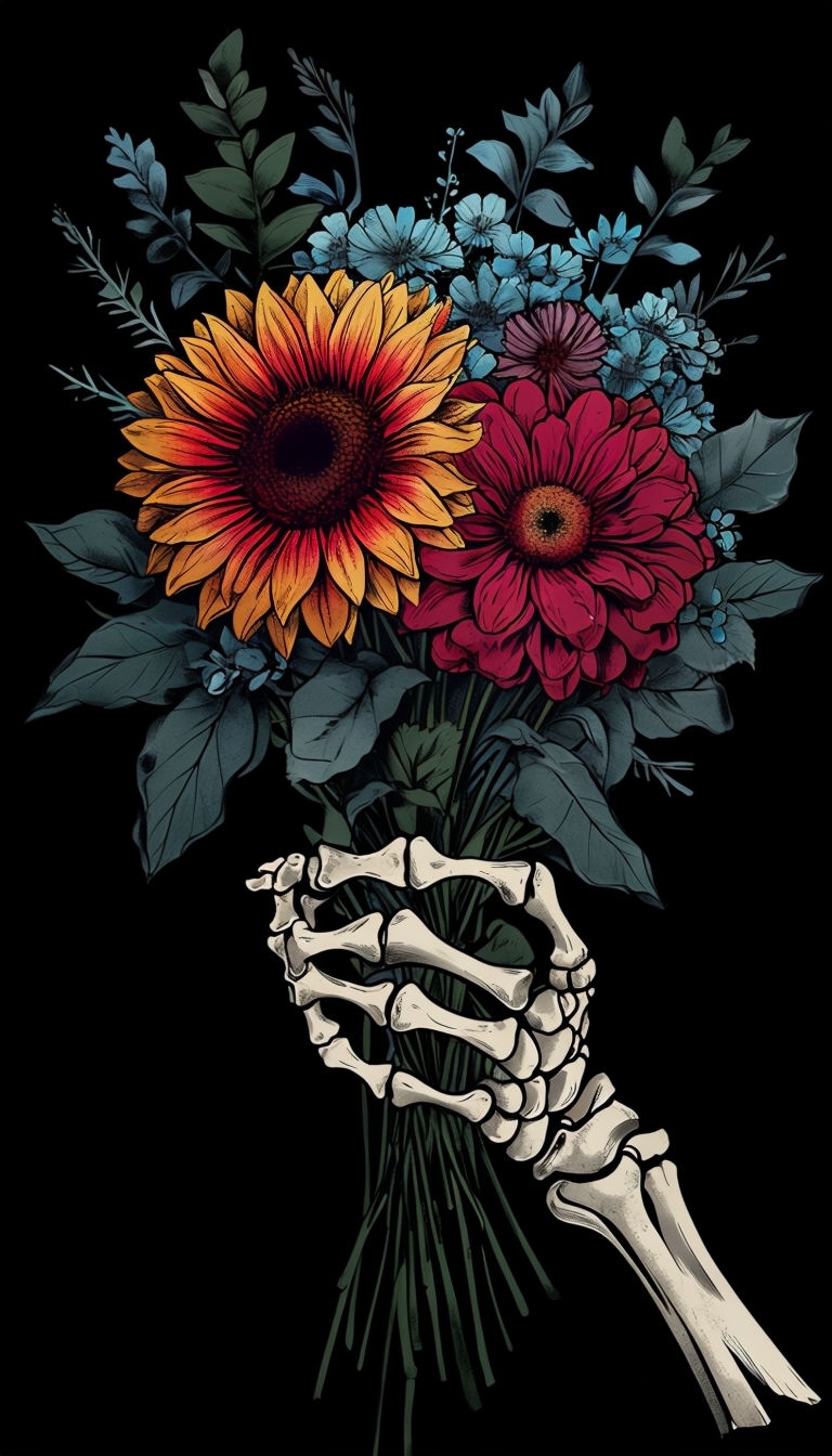 Skeletal Hand Holding Vibrant Flower Bouquet T-Shirt