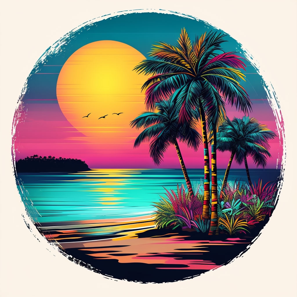 Vibrant Tropical Beach Sunset Illustration T-Shirt