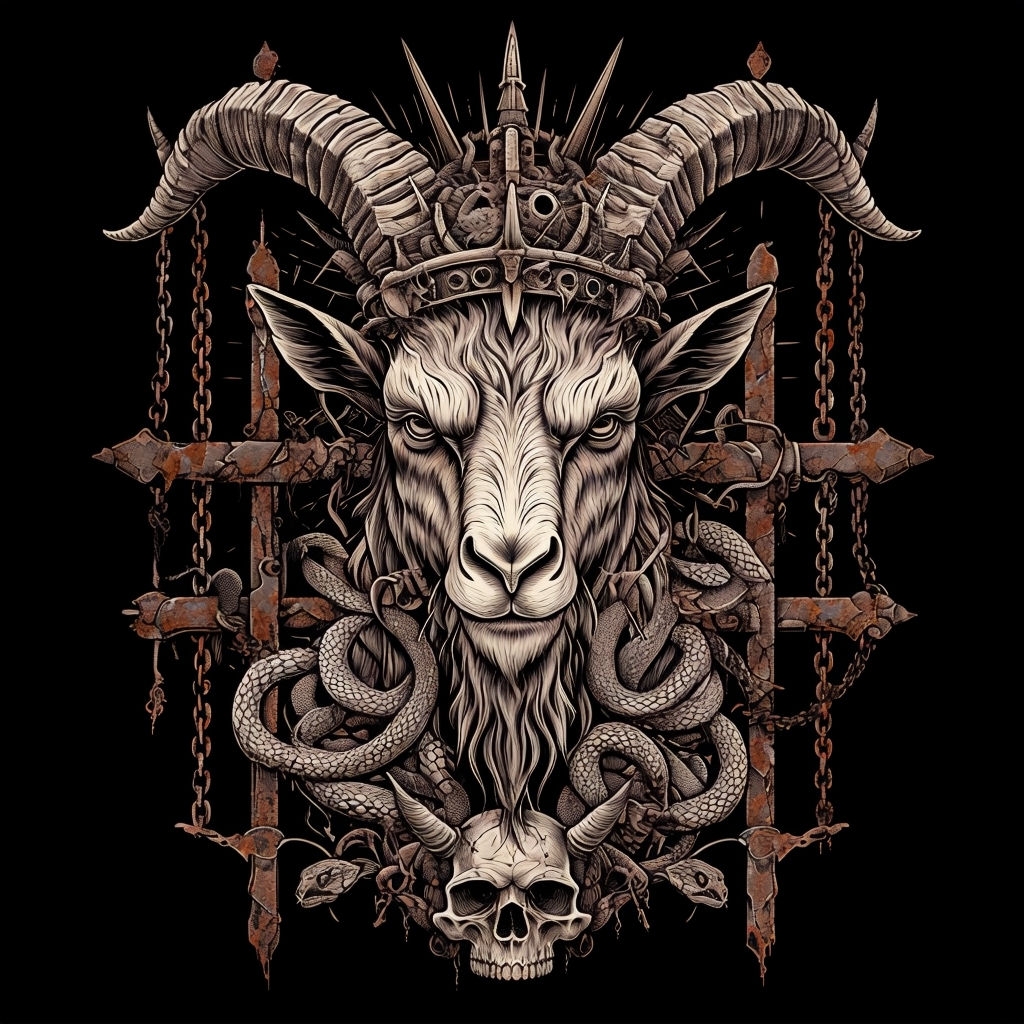 Intricate Dark Goat Head Illustration with Mechanical Elements T-shirt