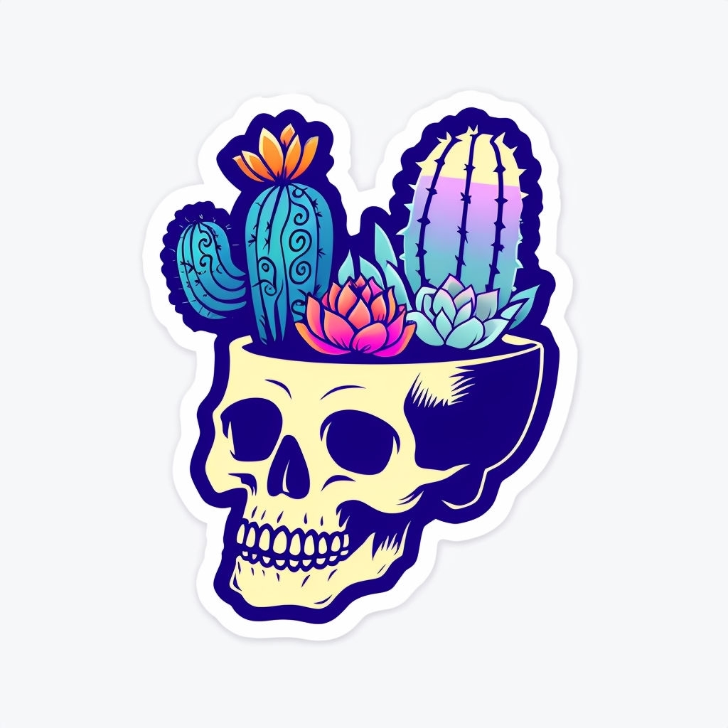 Colorful Cartoon Skull Planter with Whimsical Plants Sticker