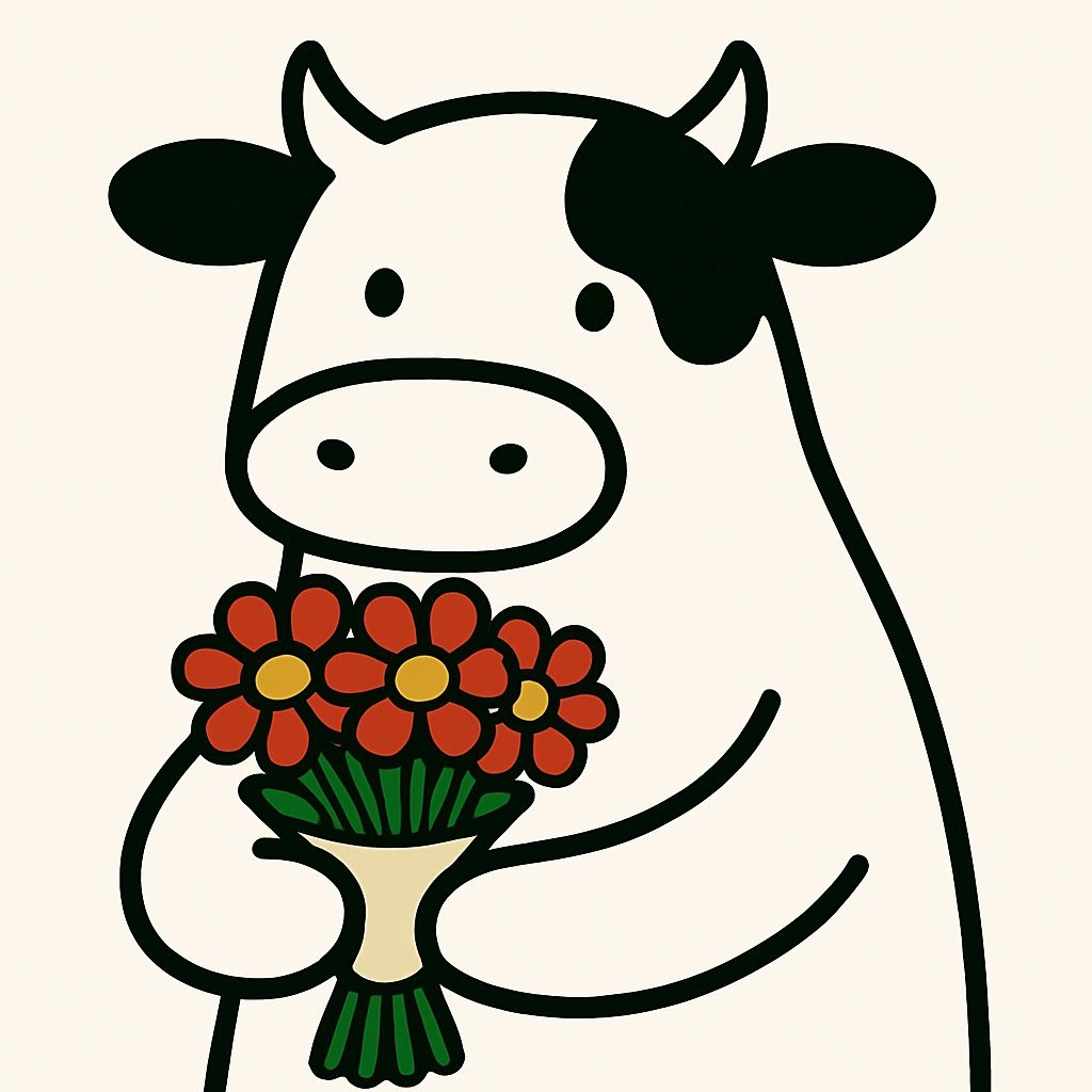 Charming Cartoon Cow Holding Flowers Illustration T-Shirt