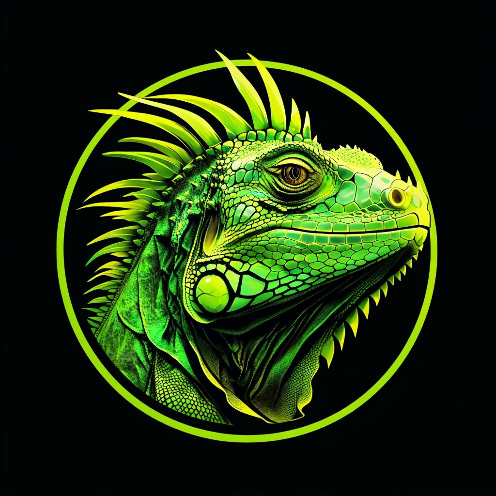 Vivid Neon Iguana Head Illustration on Black Background Sticker