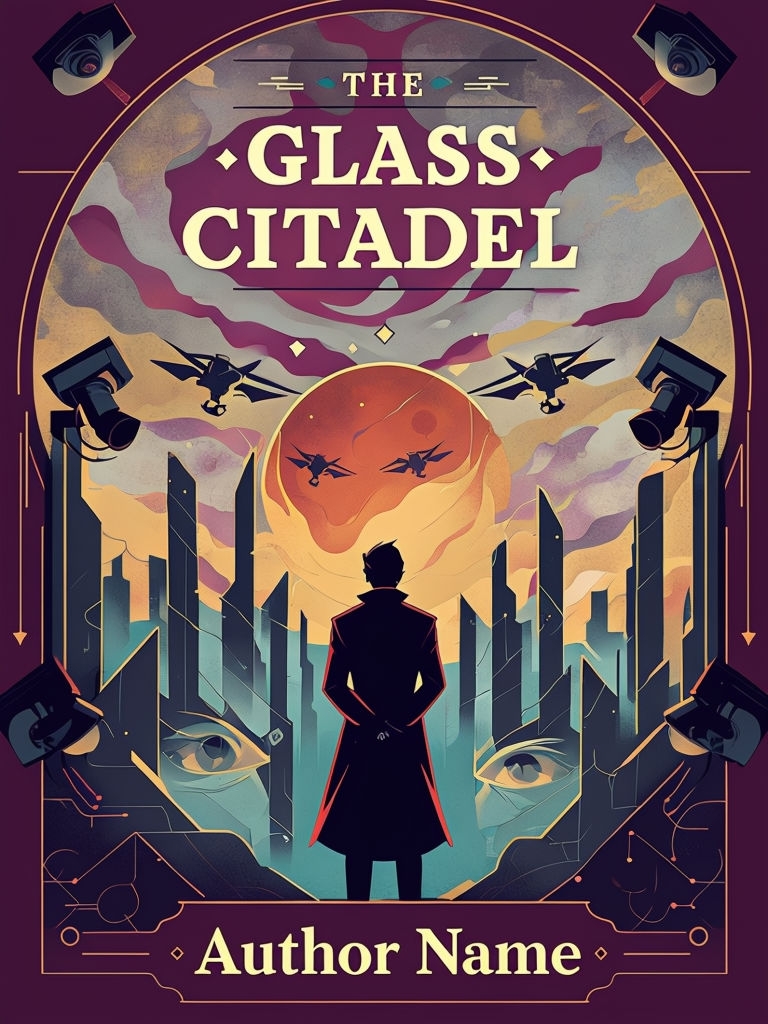 Ominous Twilight Cityscape with Glowing Orb and Surveillance EBook Cover