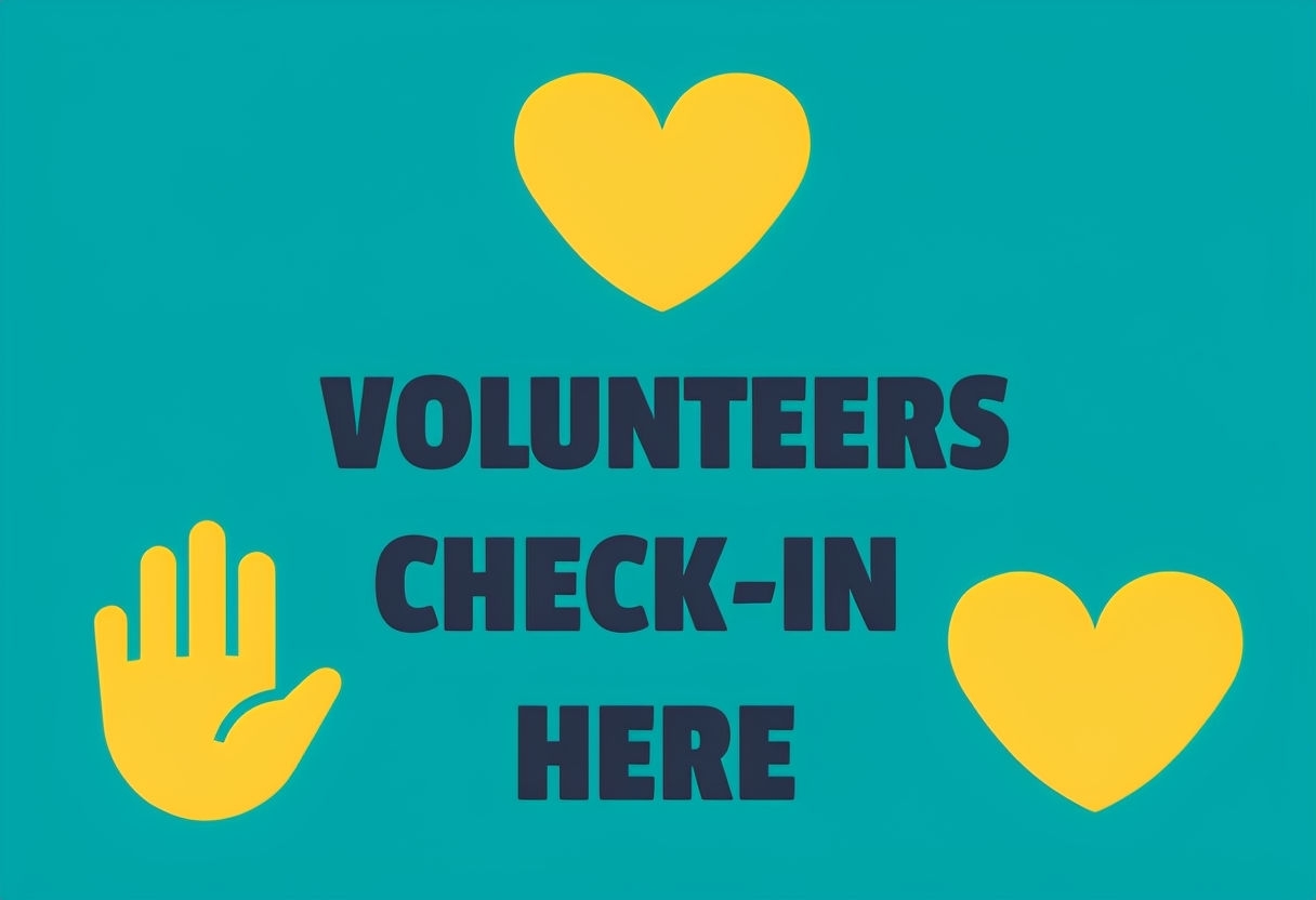 Minimalist Teal Volunteer Check-In Poster with Yellow Hearts and Hand Icon Event Sign