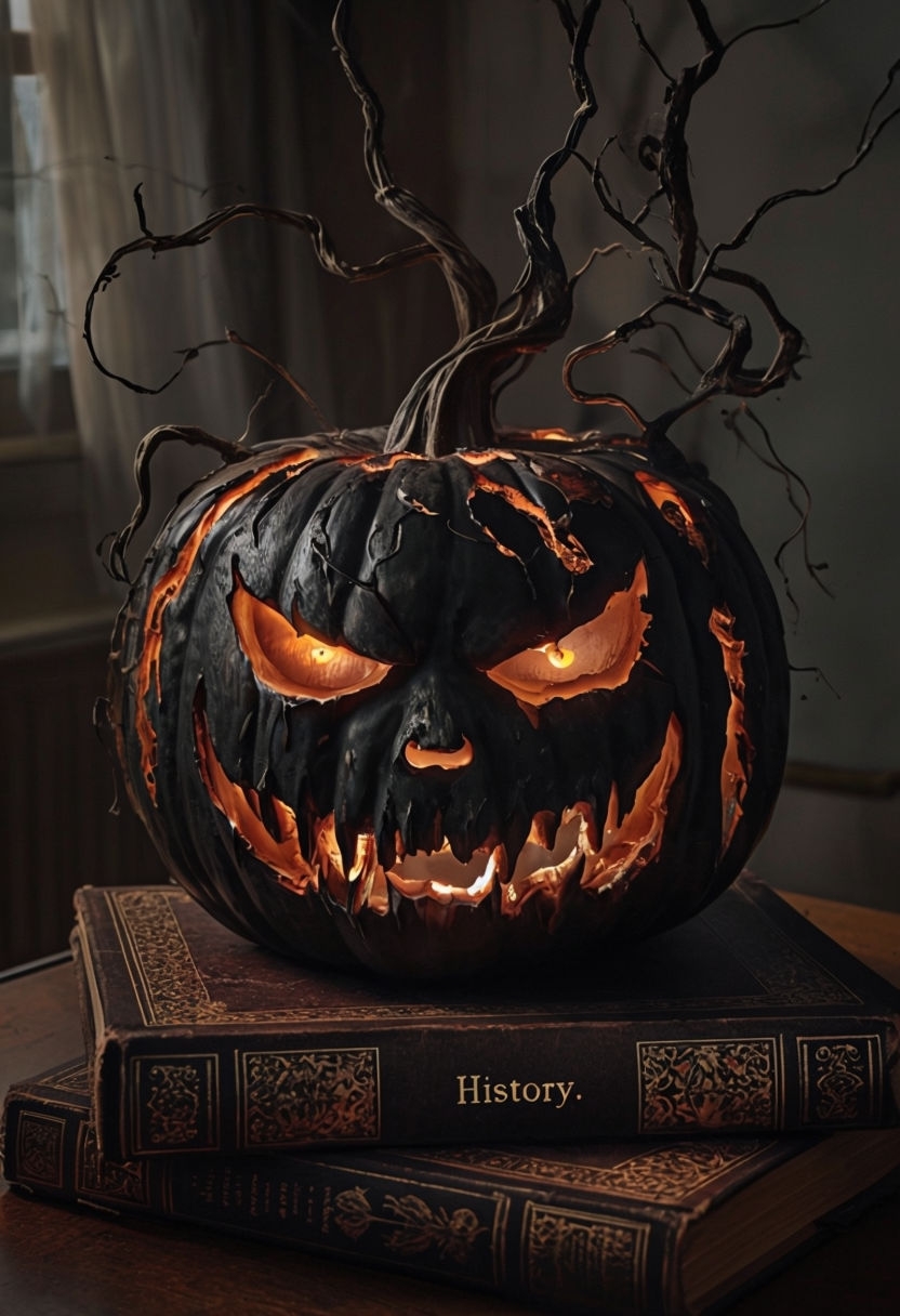 Eerie Black Pumpkin with Glowing Eyes on Old Books Poster