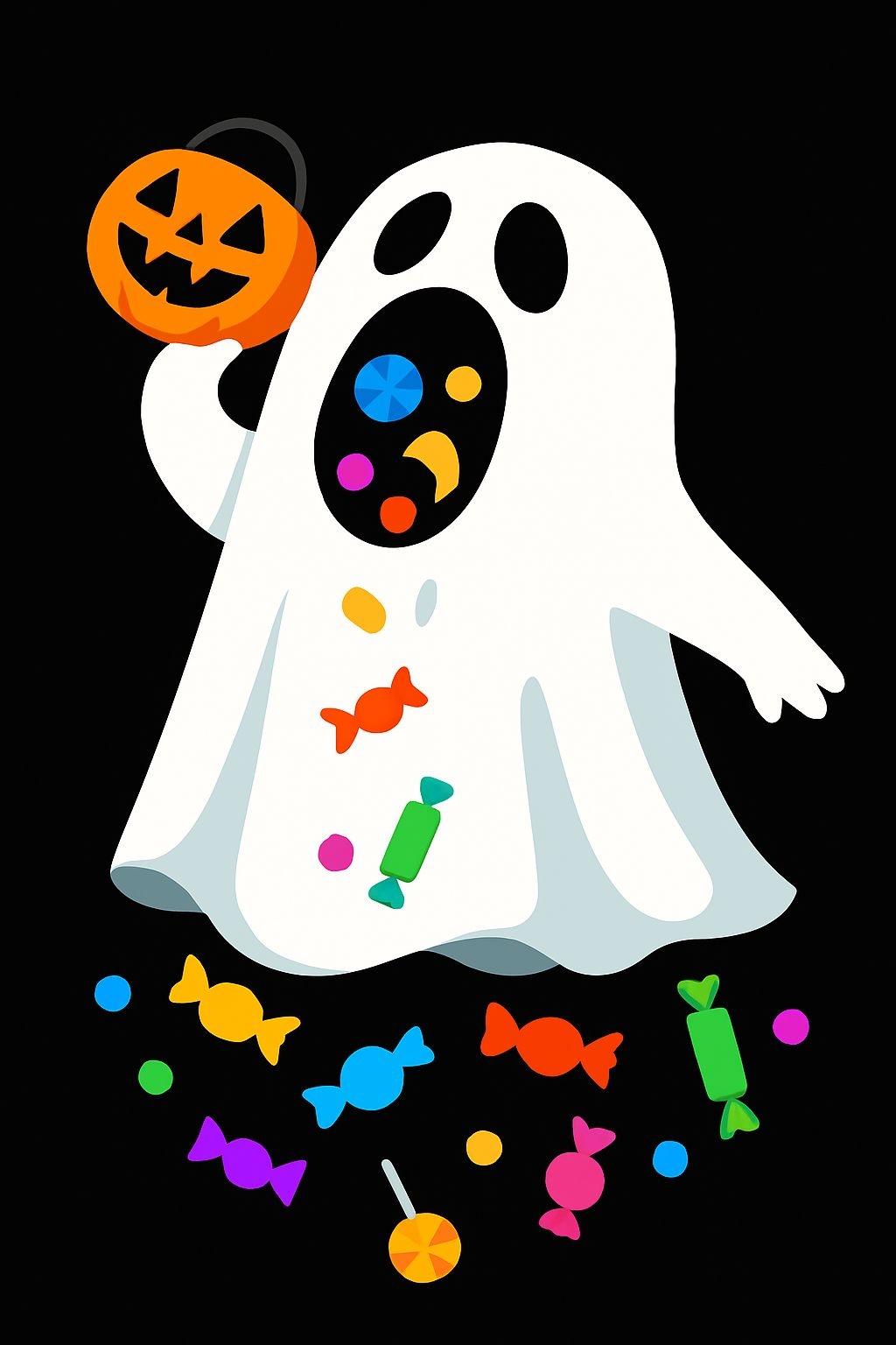 Whimsical Halloween Ghost with Pumpkin Bucket Candy Poster