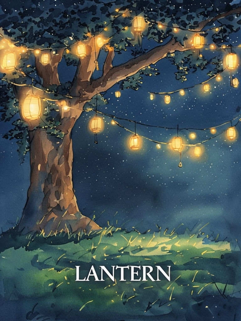 Serene Nighttime Lantern Tree Watercolor Illustration Poster