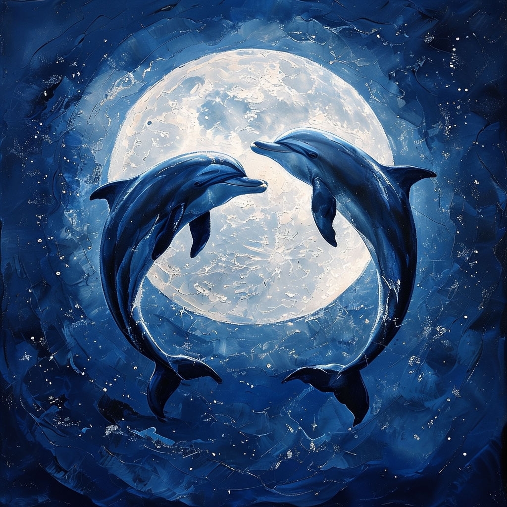 Dolphins Swimming Under Glowing Moon Cosmic Art Poster