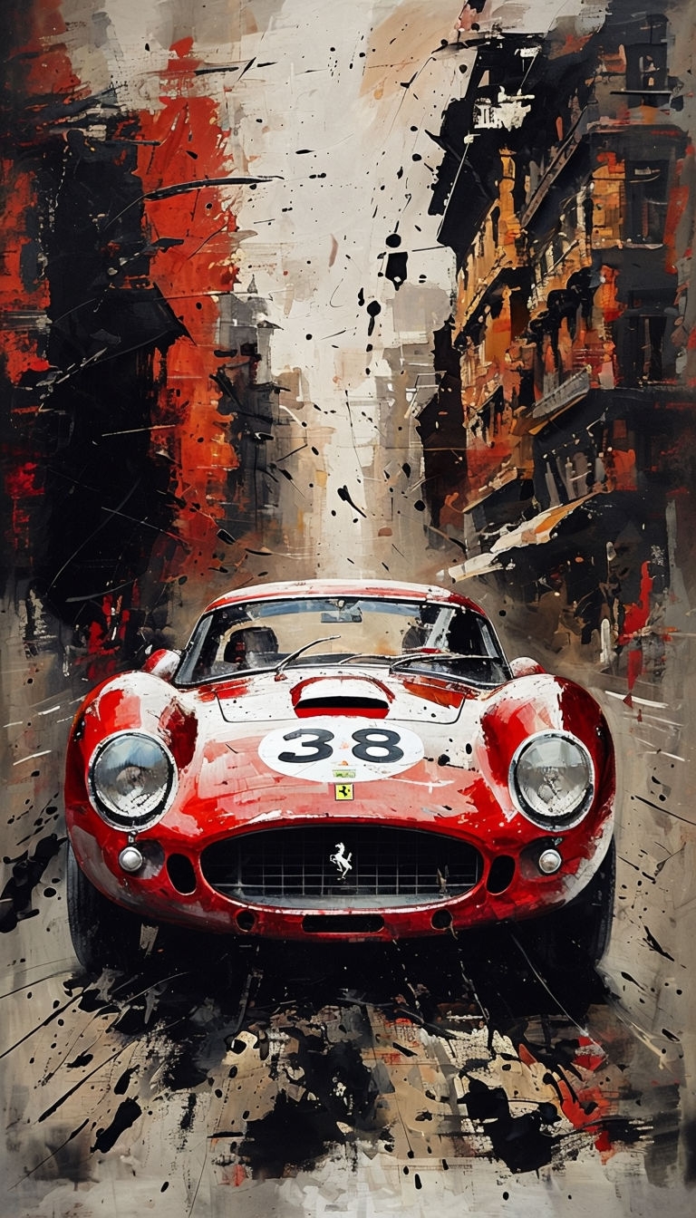 Vibrant Red Classic Sports Car Racing Painting Art