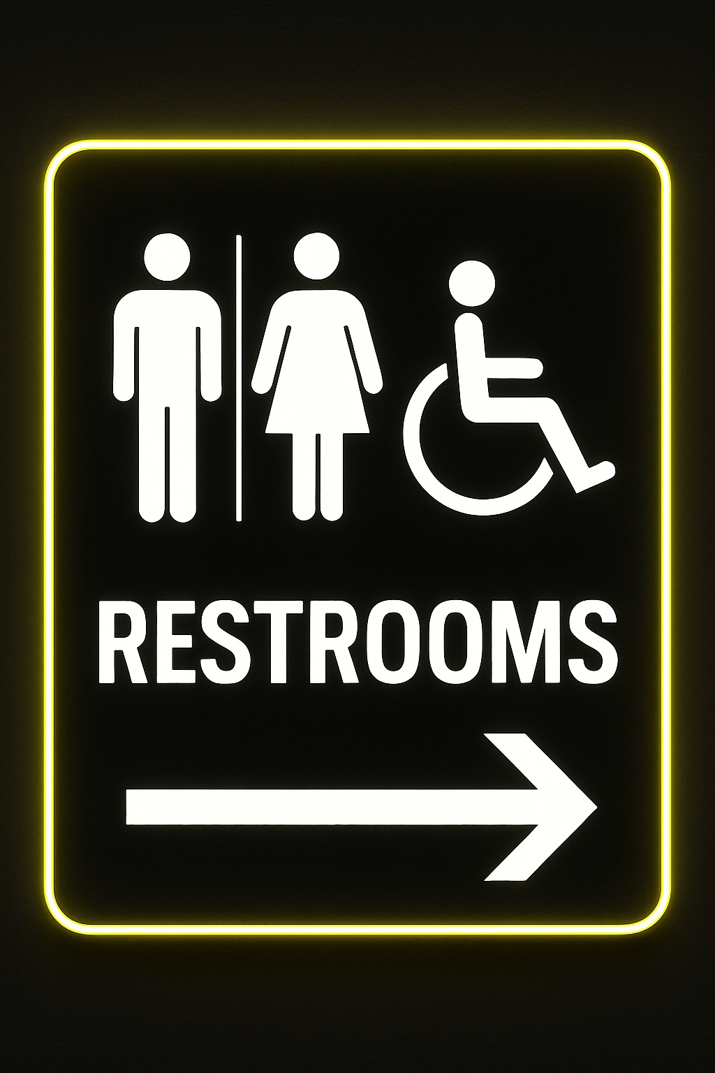 Neon Restrooms Sign with Accessibility Icons and Direction Arrow Event Sign