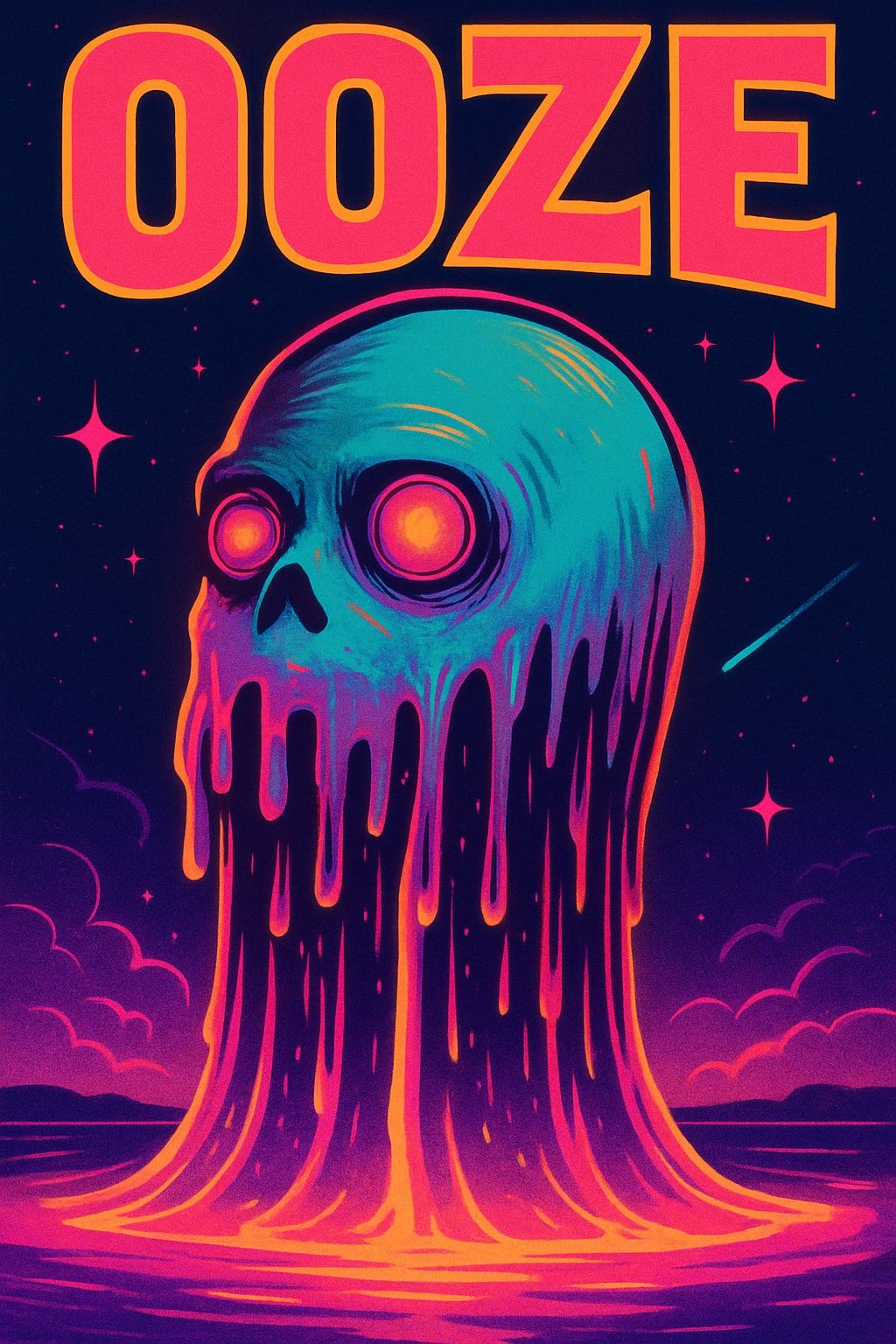 Eerie Neon Skull Ooze Retro-Futuristic Illustration Poster