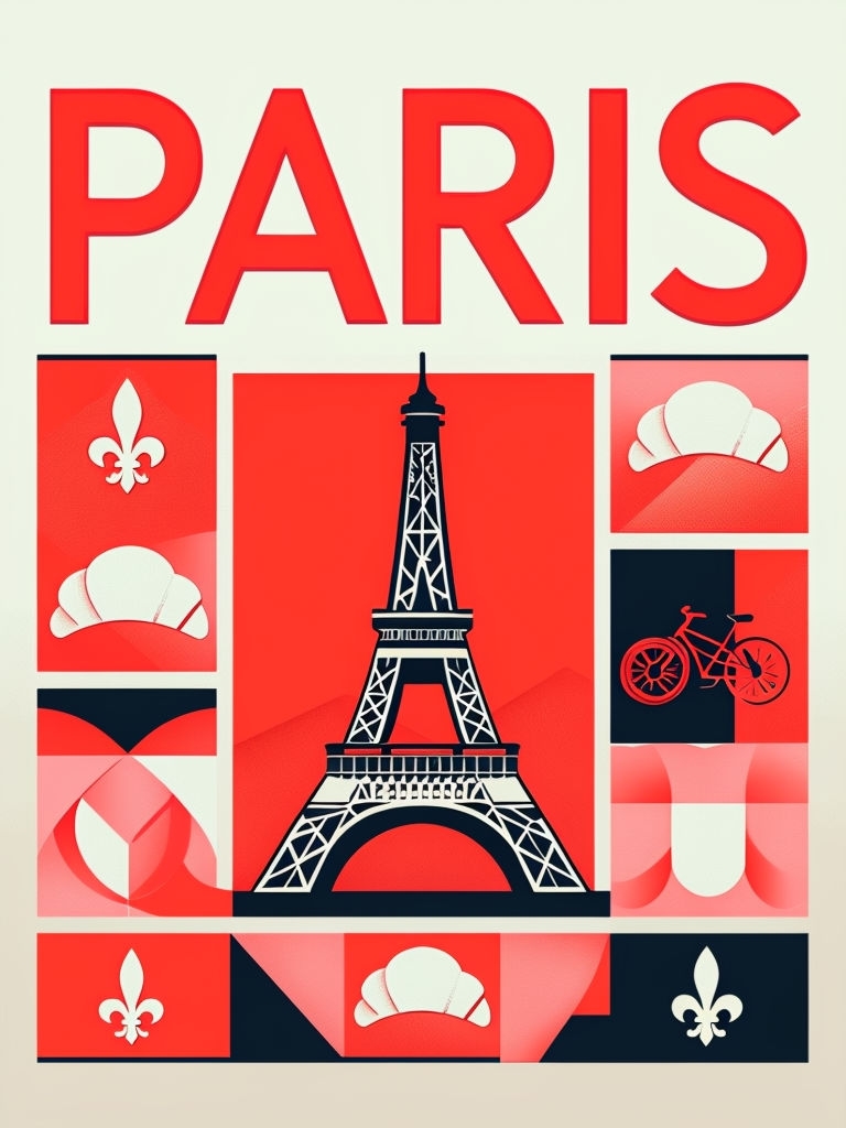 Stylish Paris Graphic Illustration with Eiffel Tower and Symbols Poster