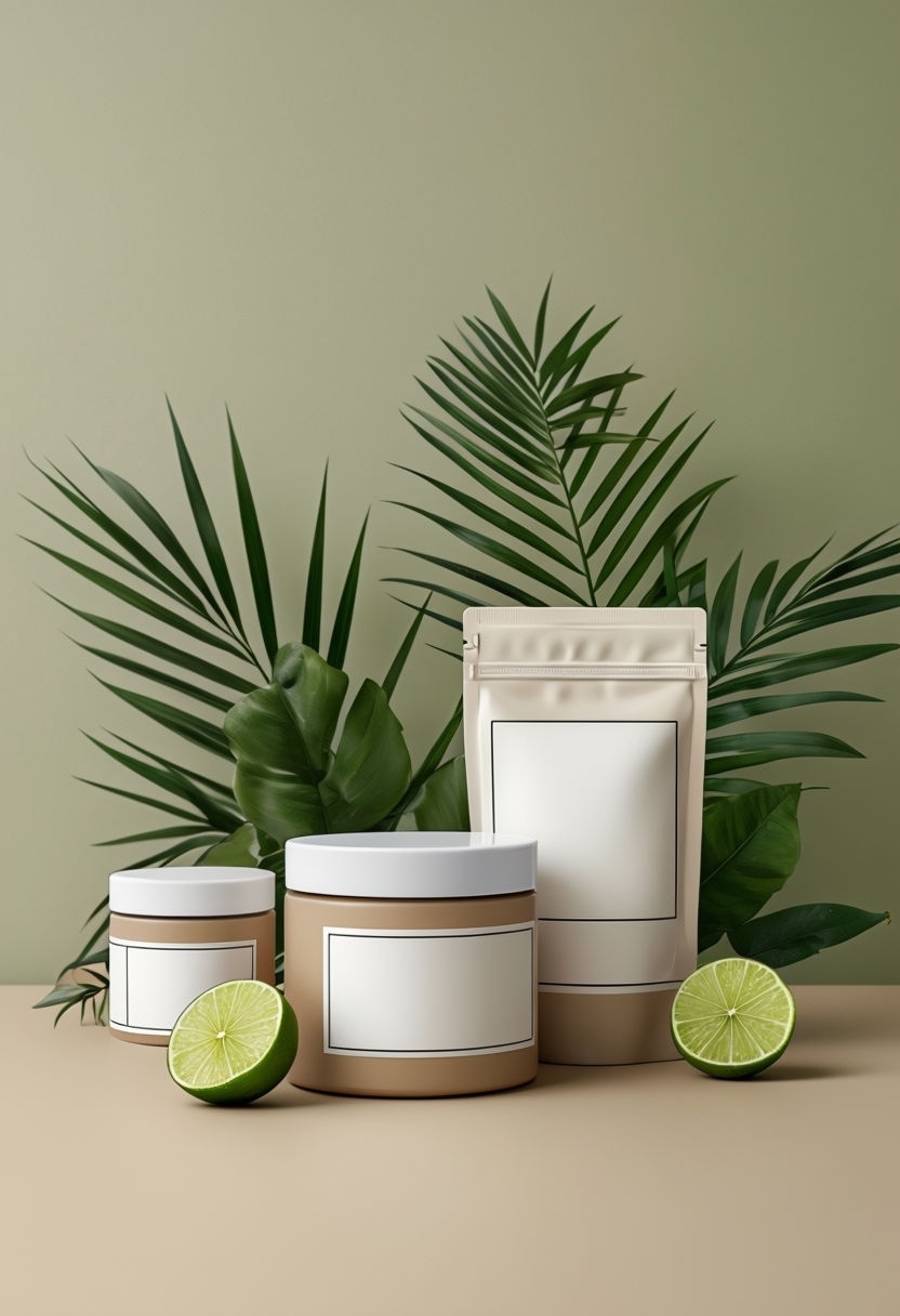 Minimalist Tropical Product Mockup with Beige Containers Mockup