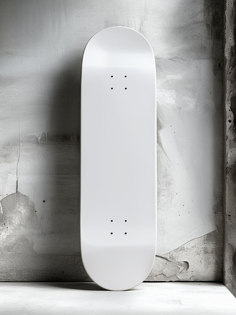 Minimalist White Skateboard Deck Photography against Concrete Wall Mockup