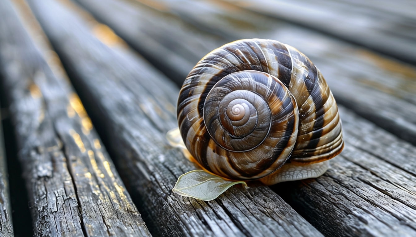 Intricate Snail Shell Close-Up on Weathered Wood Background Virtual Backgrounds