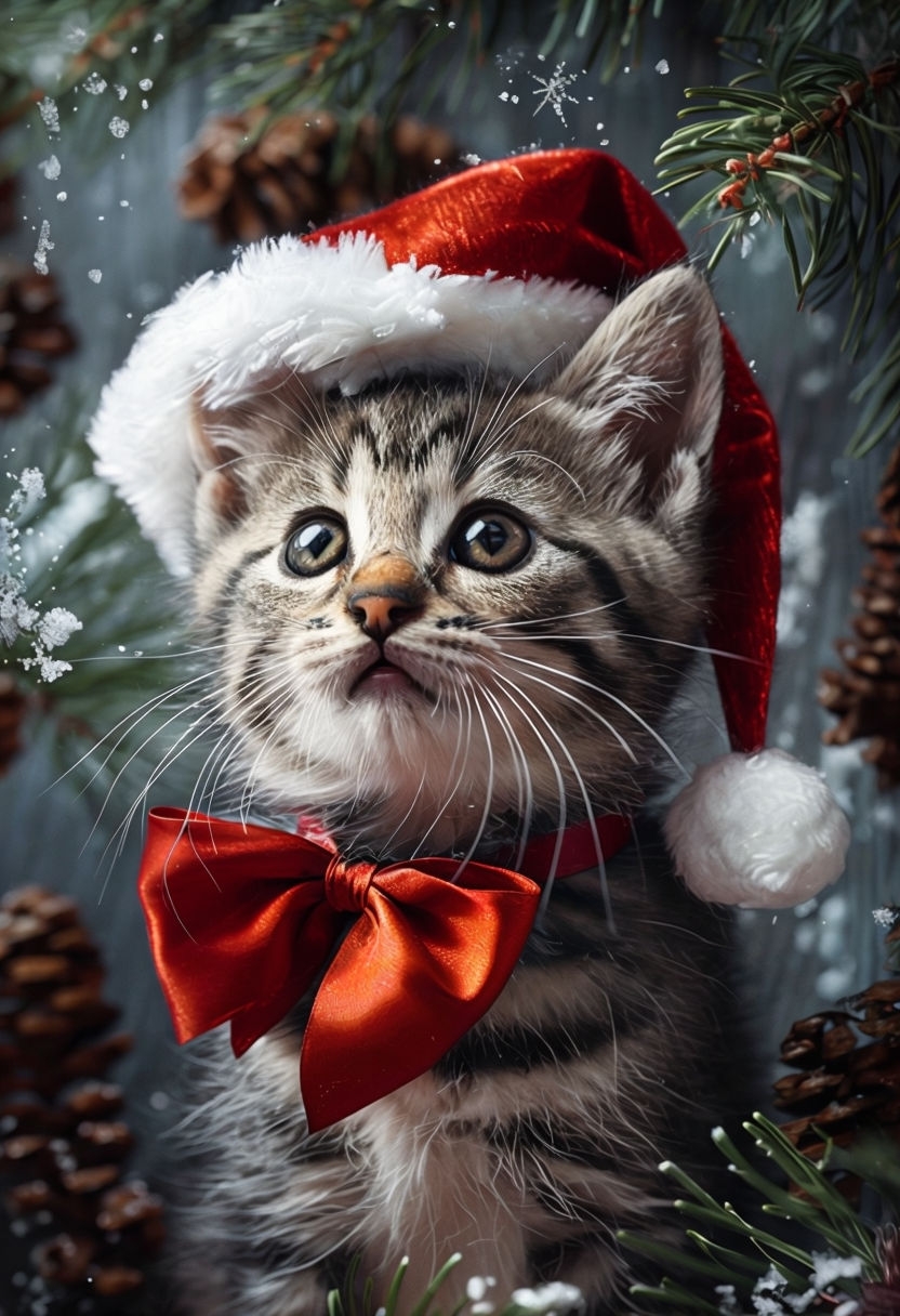 Festive Tabby Kitten with Santa Hat and Bow Card