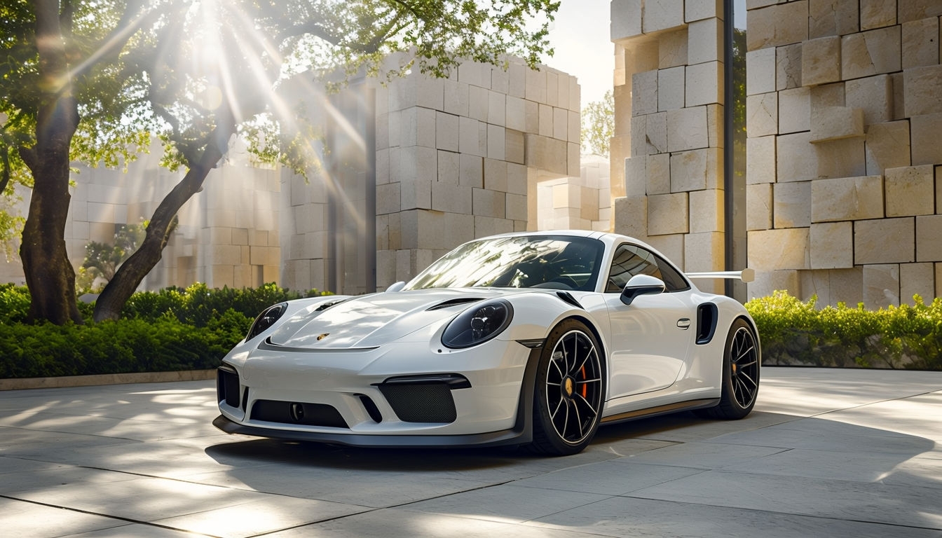 Sleek White Porsche 911 in Modern Urban Setting Virtual Backgrounds