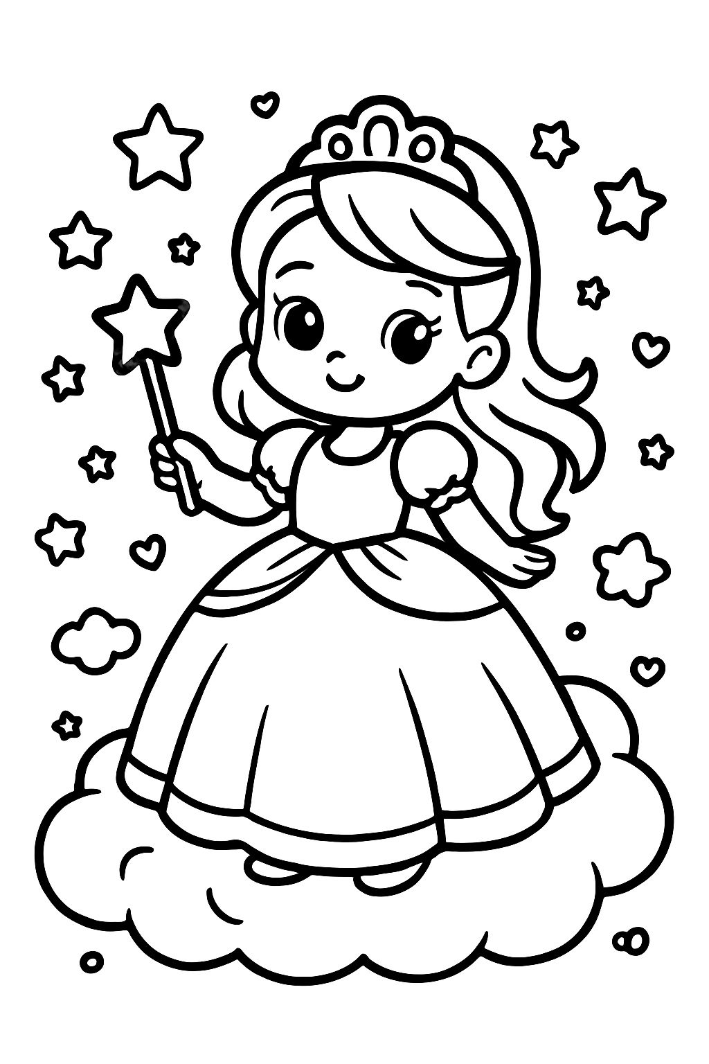 Cute Princess Cartoon Girl on Cloud Coloring Page