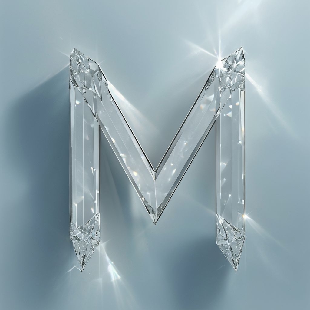 Elegant Crystal Letter M 3D Rendering with Luminous Effects Monogram