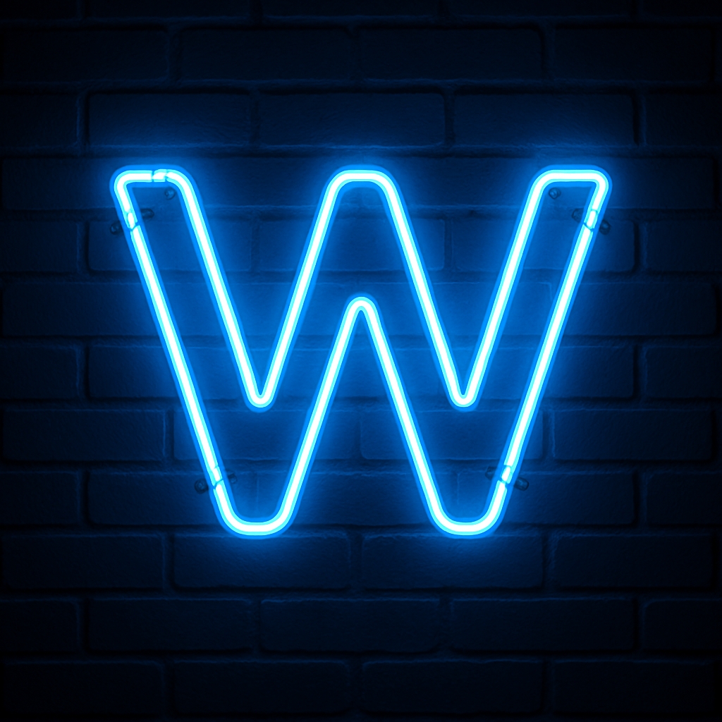 Striking Electric Blue Neon 'W' Sign on Dark Brick Wall Monogram