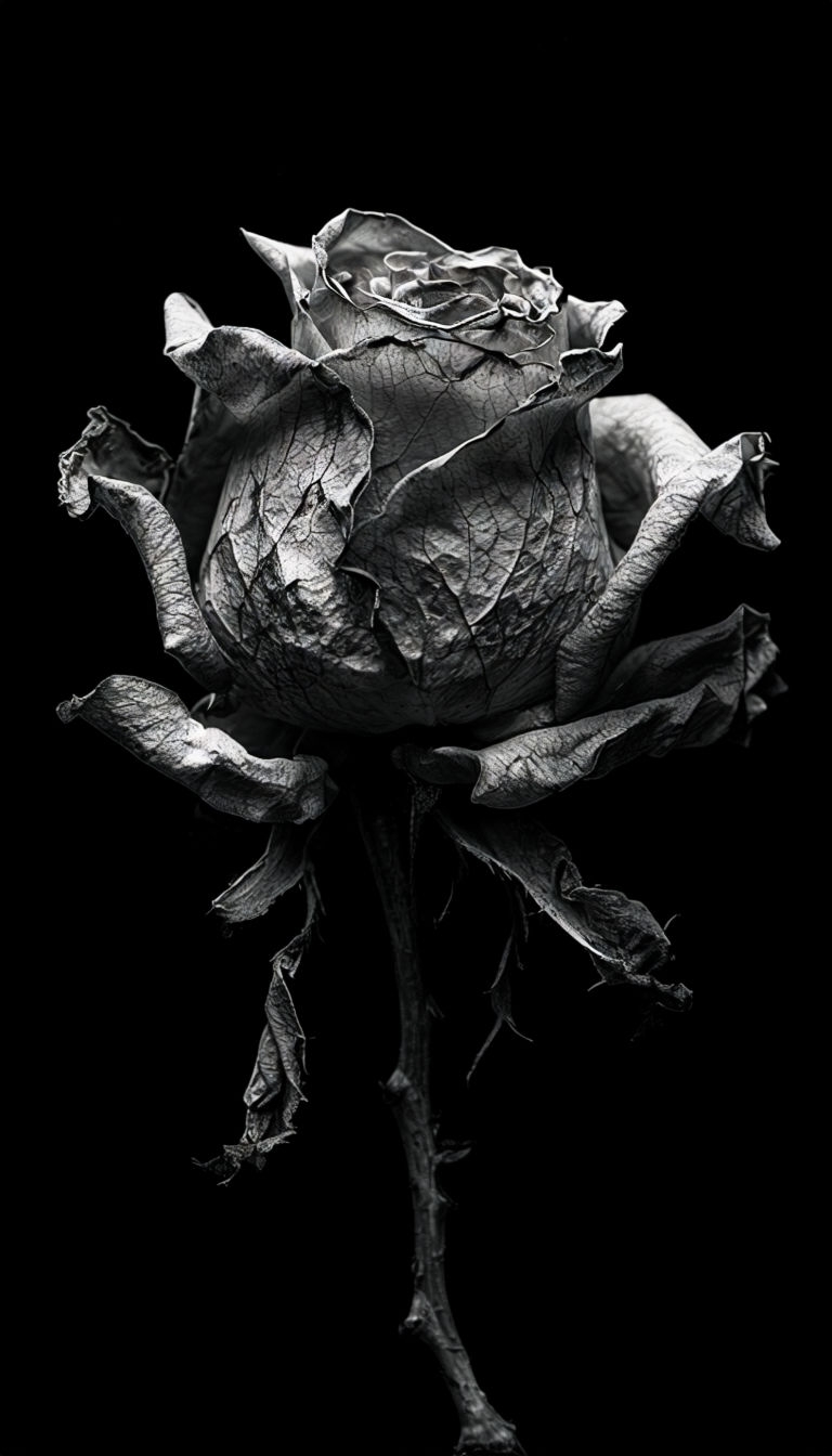 Monochrome Close-Up of a Withered Rose Against Black Background Mobile Wallpaper