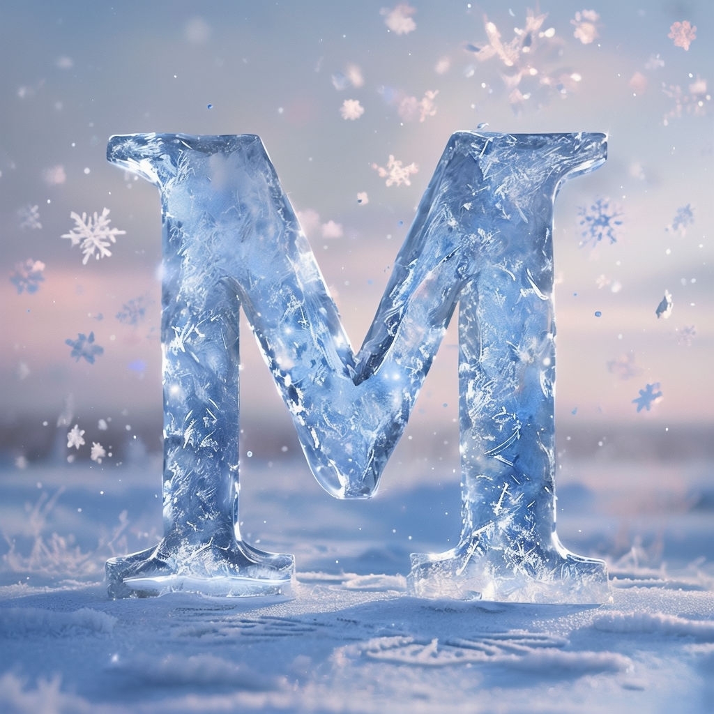 Shimmering Blue Ice Letter M with Snowflakes Art Print Monogram