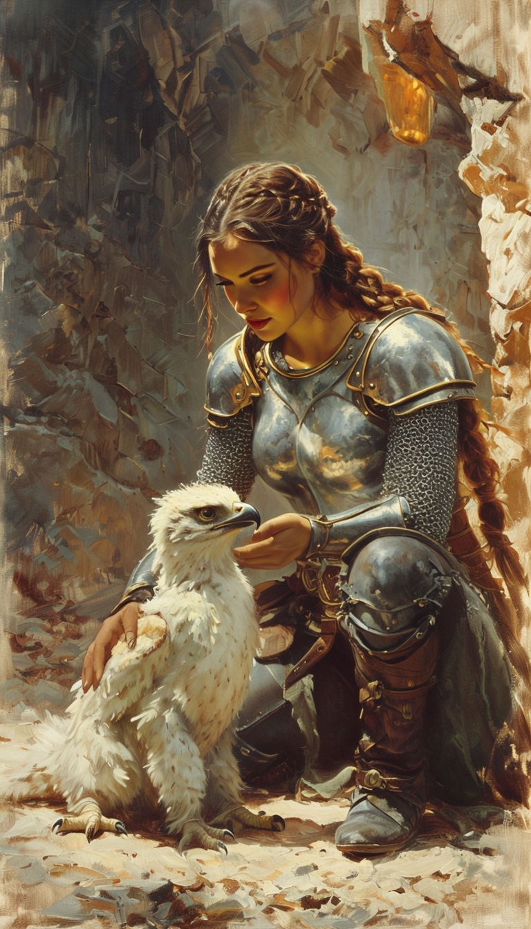 Powerful Female Warrior with Adorable Griffin Cub Illustration Art