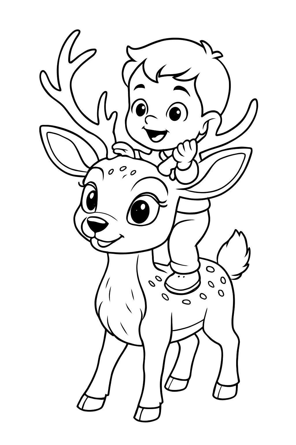 Cheerful Child Riding a Deer Cartoon Line Drawing Coloring Book Pages