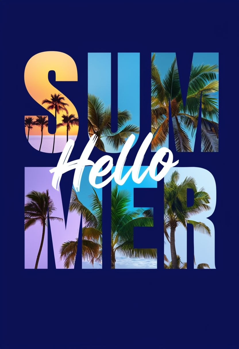 Vibrant Summer Text with Scenic Palm Tree Imagery Poster