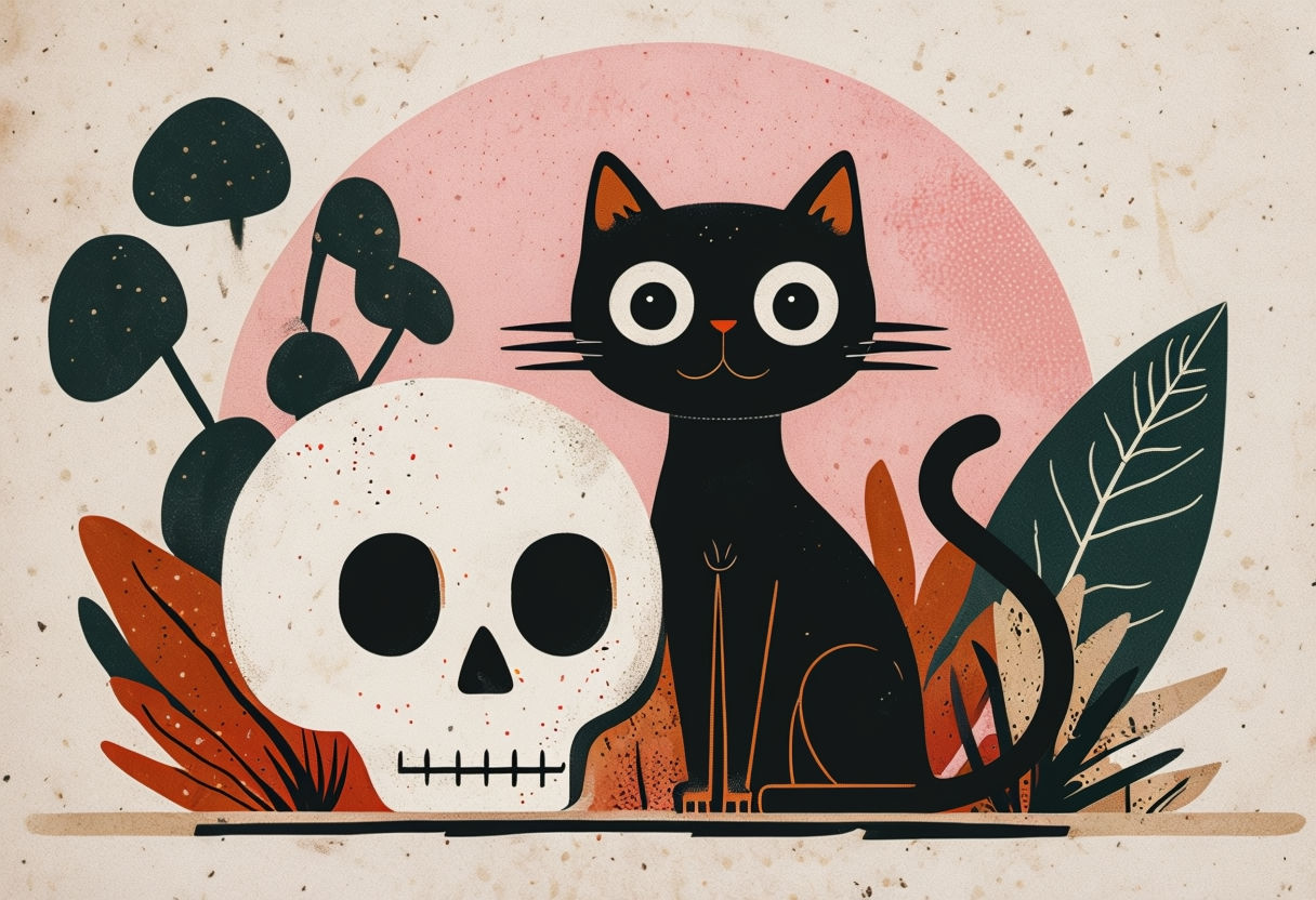 Whimsical Black Cat and Skull Illustration in Mid-Century Modern Style Art