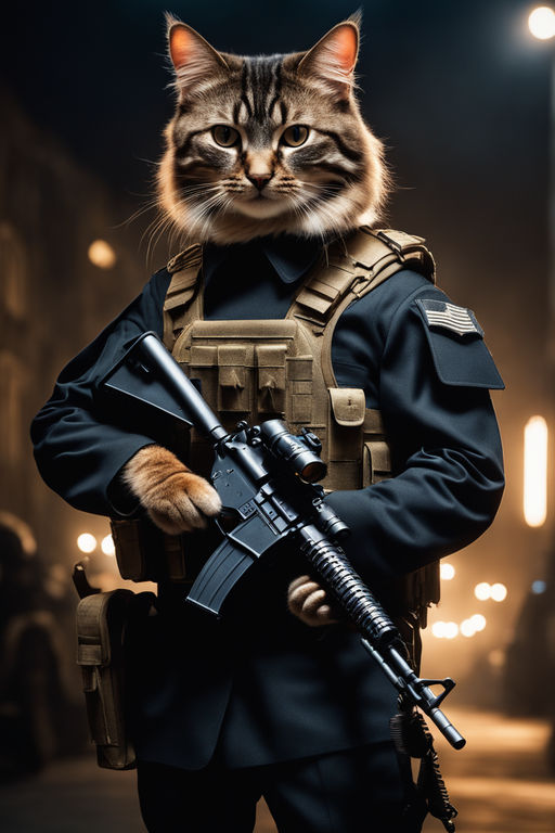 Cat in mercenary military uniform holding submachine gun by siqi lai ...