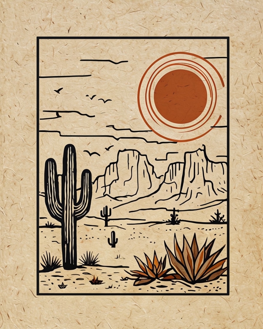 Tranquil Desert Scene Minimalist Line Drawing Poster
