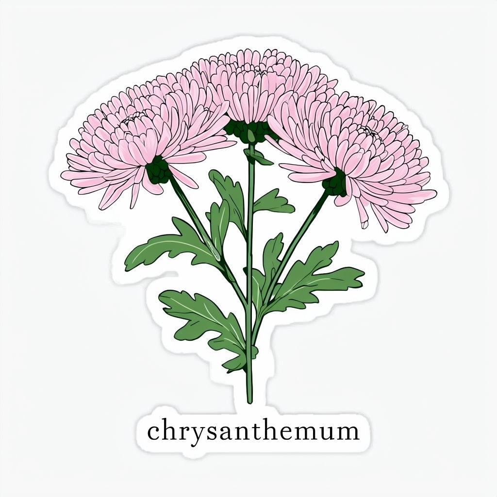 Pink Chrysanthemum Line Art Illustration with Green Leaves Sticker