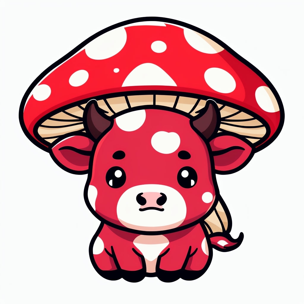 Cute Cow Character with Mushroom Hat Cartoon Sticker
