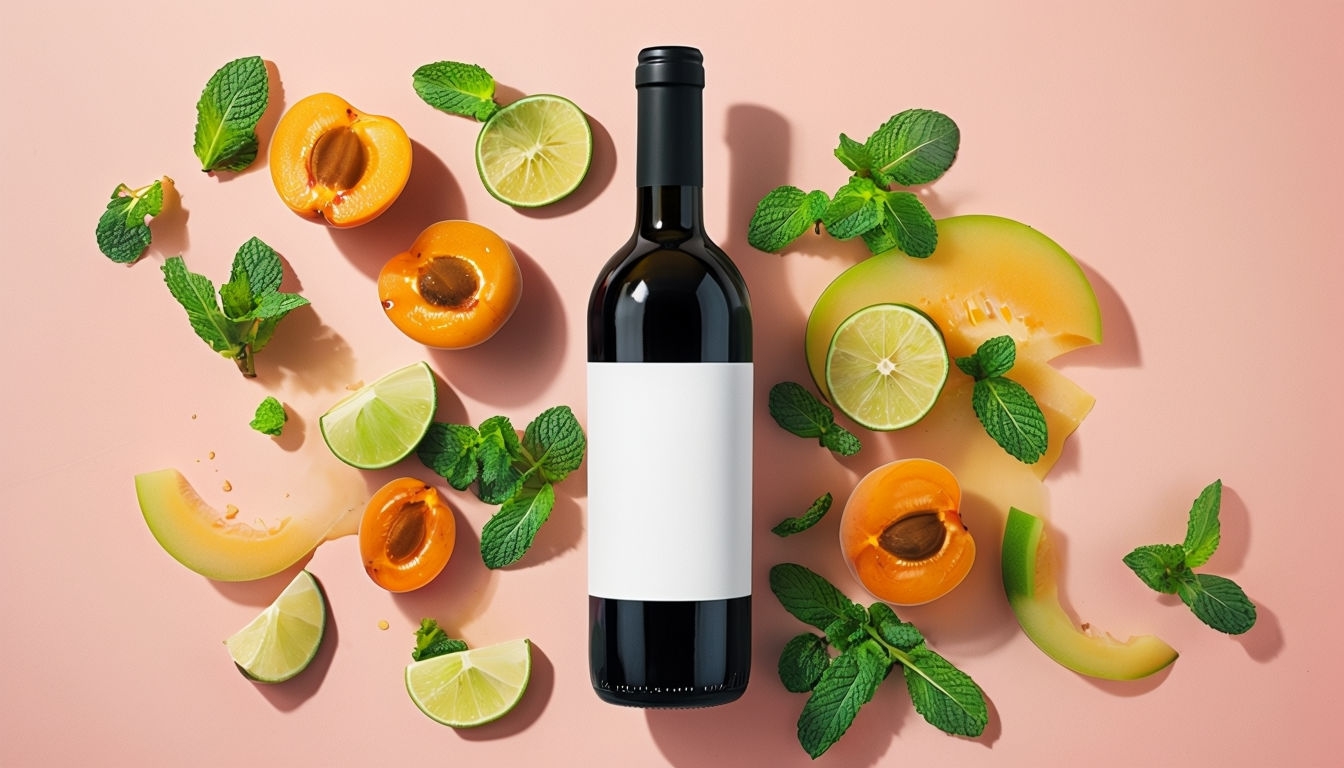 Vibrant Wine Bottle with Fresh Fruits and Mint Flat Lay Mockup