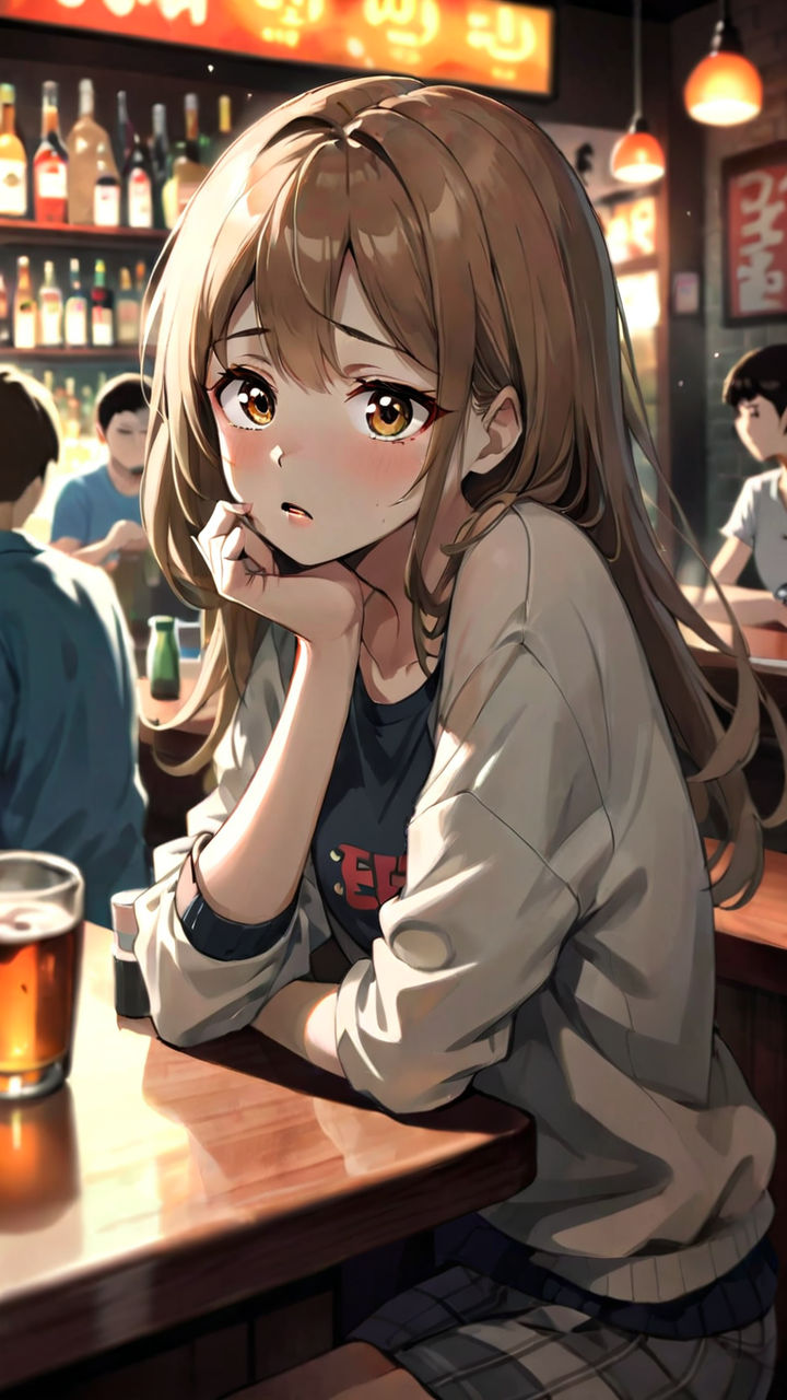 Anime Girl is drunk in the bar