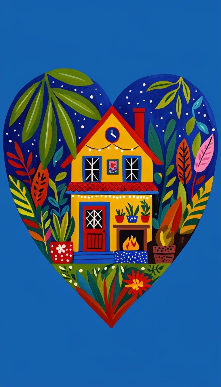 Whimsical Folk Art Heart-Shaped House Scene Phone Case Cover