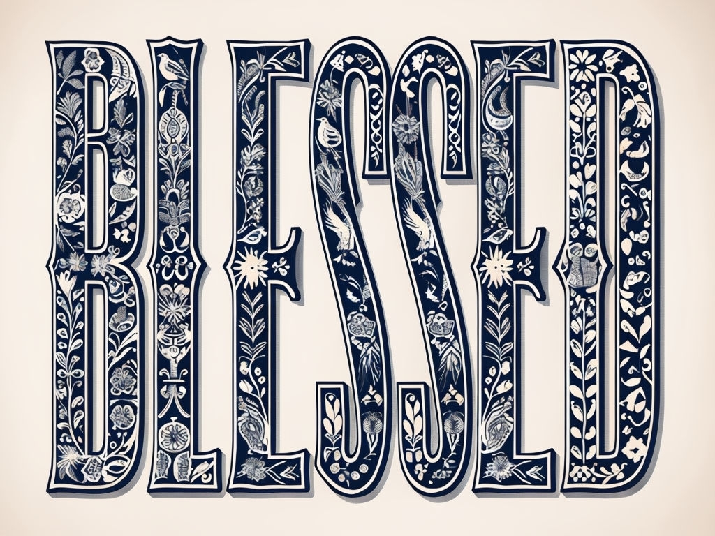 Navy Blue Folk Art Inspired Blessed Typography T-shirt