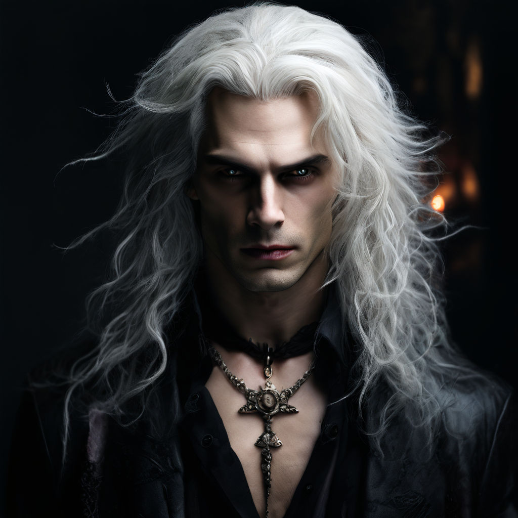 a male stylish gothic vampire with long white hair