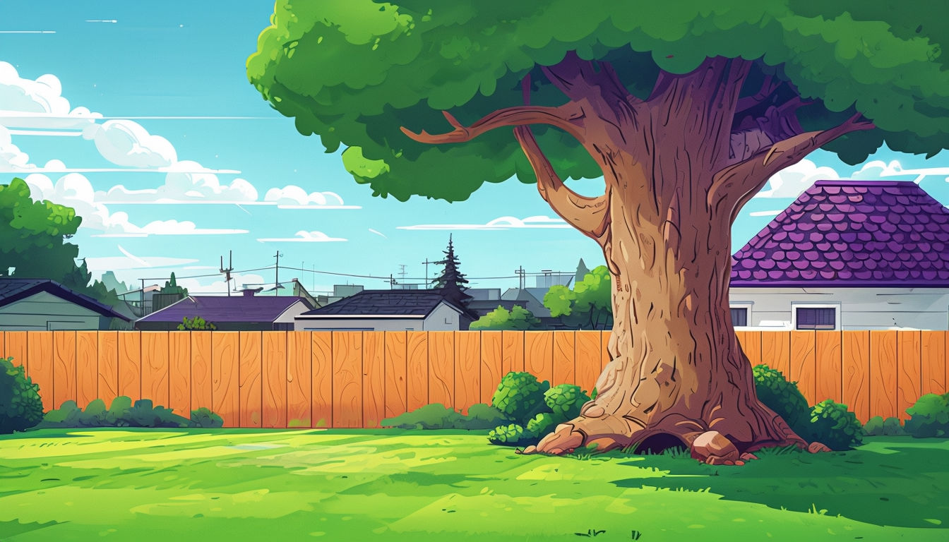 Sunny Suburban Backyard Cartoon Scene Art