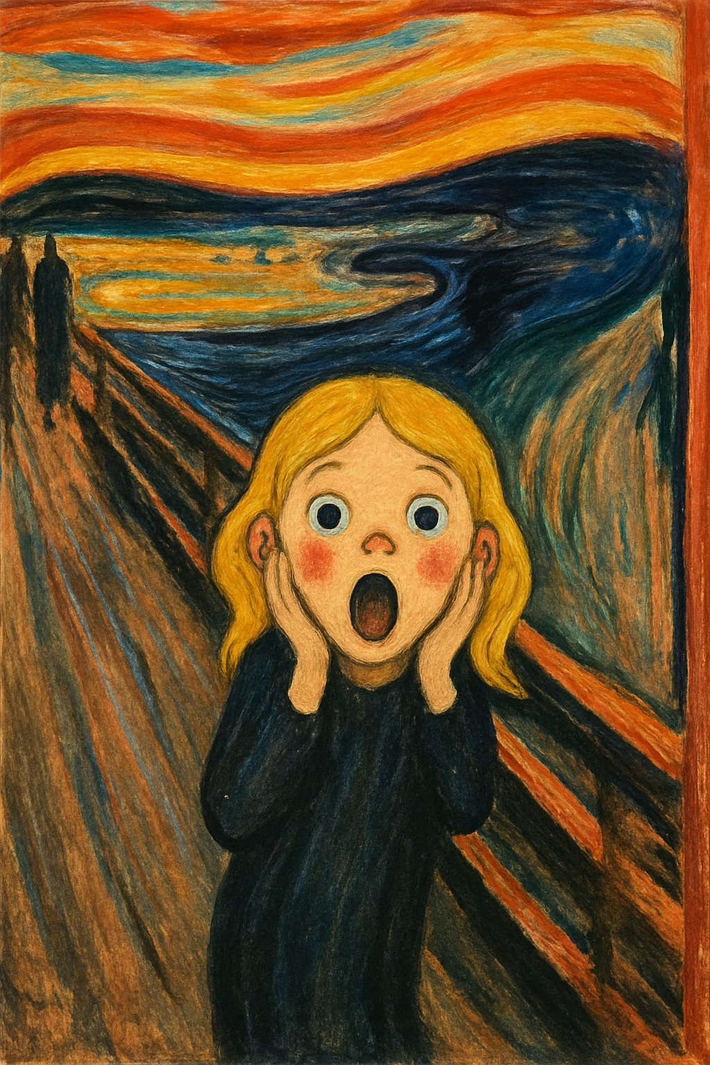 Cartoonish Homage to The Scream Featuring Shocked Young Girl Art