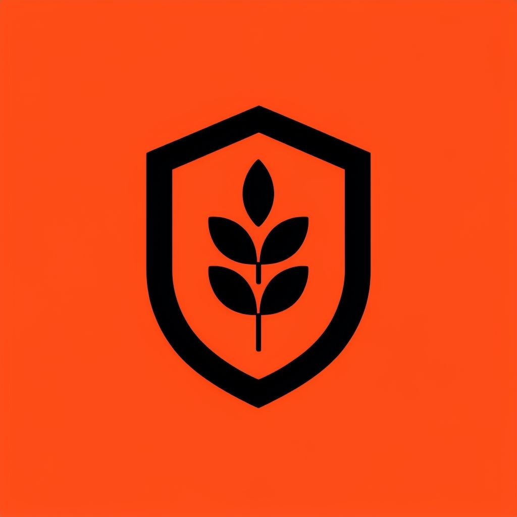 Minimalist Black Shield Logo with Leaf Motif on Orange Background Logo