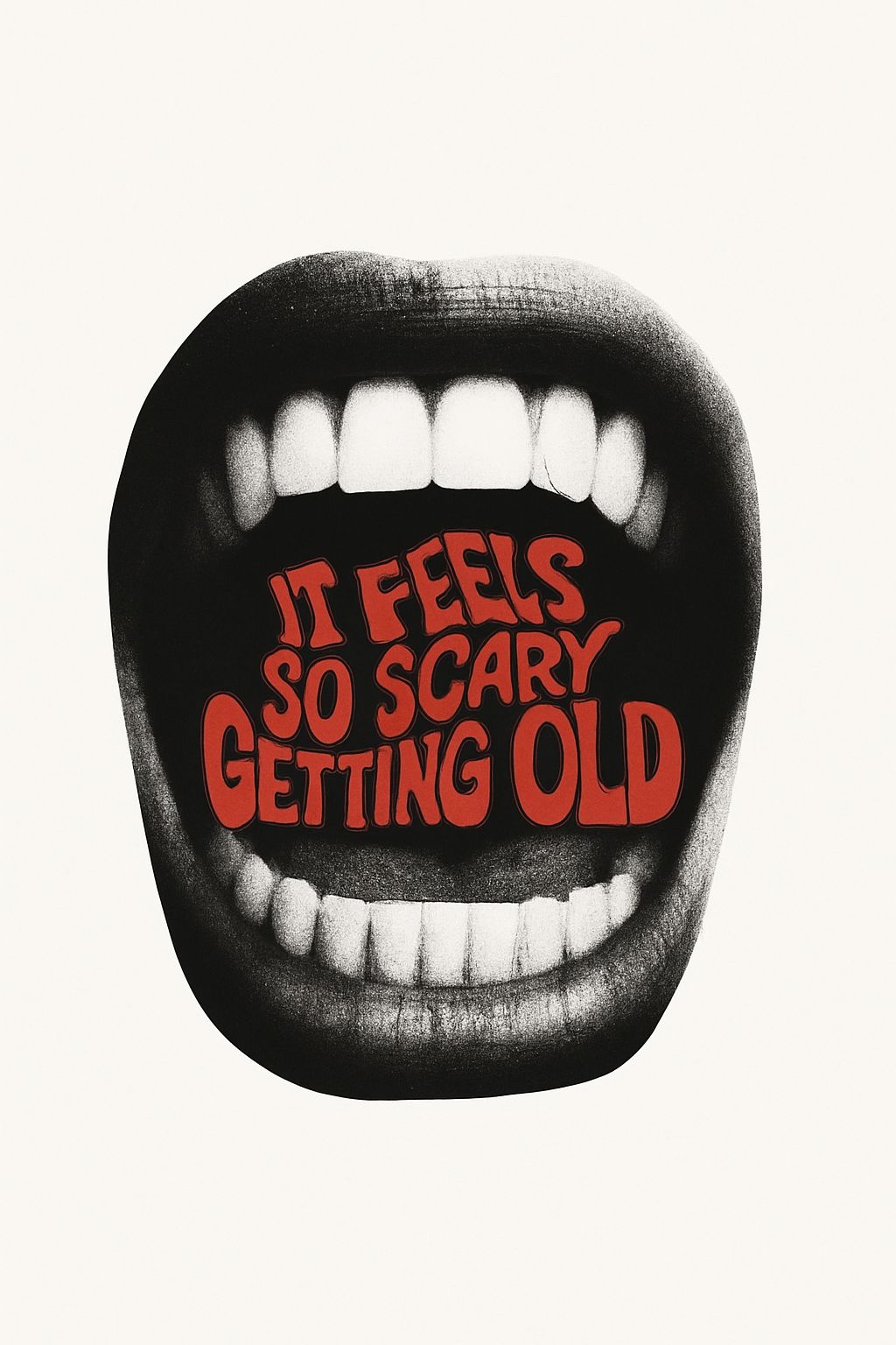 Surreal Black and White Mouth Graphic with Bold Red Text T-Shirt