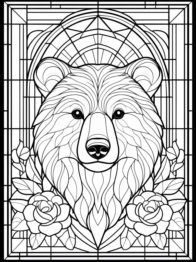 Intricate Black and White Stained Glass Bear Illustration Coloring Book Pages