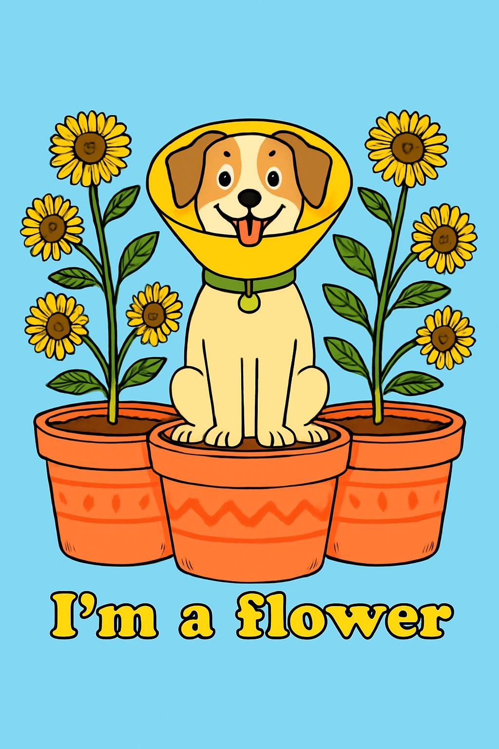 Cheerful Cartoon Dog in Flower Pot with Sunflowers Poster