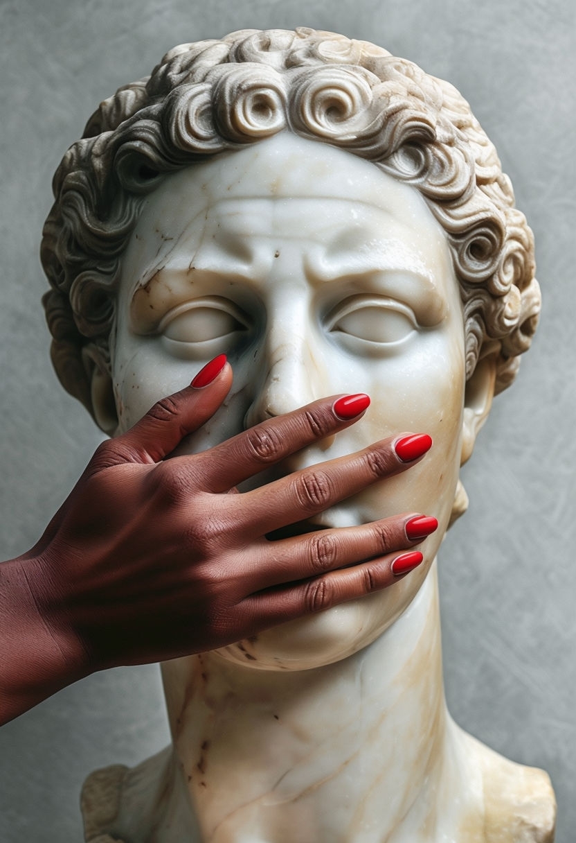 "Classical Marble Bust with Modern Human Hand Interaction Art"